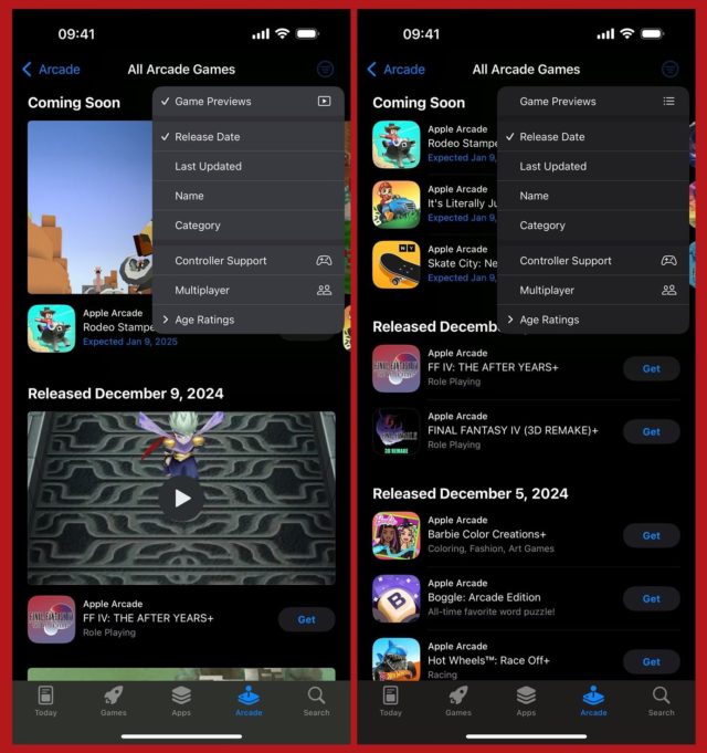 من iPhoneIslam.com، لقطة شاشة من Apple Arcade على iOS 18.2، تعرض علامة التبويب "كل ألعاب Arcade" مع الألعاب ضمن "قريبًا" و"تم الإصدار في 9 ديسمبر 2024". تتضمن خيارات الفرز تاريخ الإصدار والاسم والمزيد. استمتع بالتحديث الجديد للحصول على ميزات محسّنة ومغامرات لعب مثيرة!