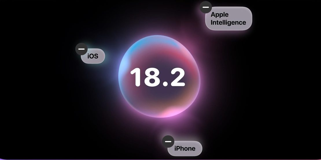 من iPhoneIslam.com، كرة ملونة تحمل الرقم "18.2" في وسطها، محاطة بعناوين "iOS" و"iPhone" و"Apple Intelligence". ويشير التصميم، الذي يتميز بحدود أرجوانية على خلفية سوداء، إلى التحديث القادم لنظام التشغيل iOS 18.2 مع توجيه المستخدمين خلال الميزات الجديدة.