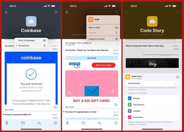 من iPhoneIslam.com، لقطة شاشة تعرض عميل بريد إلكتروني يحتوي على رسائل من Coinbase وIHOP وCode Story. يعرض صندوق الوارد محتوى البريد الإلكتروني وخيارات التصنيف للعروض الترويجية والرسائل الأساسية والمعاملات. متوافق بشكل ملحوظ مع ميزات iOS 18.2 الجديدة للحصول على تجربة رقمية سلسة.