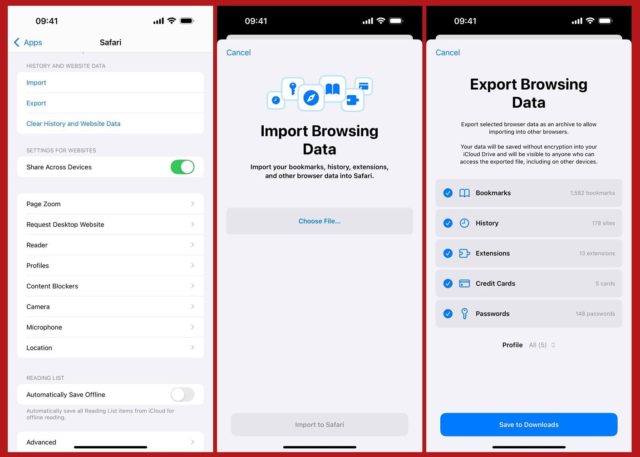 من iPhoneIslam.com، تبرز ثلاث شاشات للهواتف الذكية تعرض إعدادات Safari أحدث الميزات المقدمة في تحديث iOS 18.2. يمكن للمستخدمين الآن مشاركة البيانات بسلاسة عبر الأجهزة واستيراد أو تصدير بيانات التصفح، بما في ذلك الإشارات المرجعية والإضافات وكلمات المرور - كل ذلك بتصميم أنيق وبديهي.