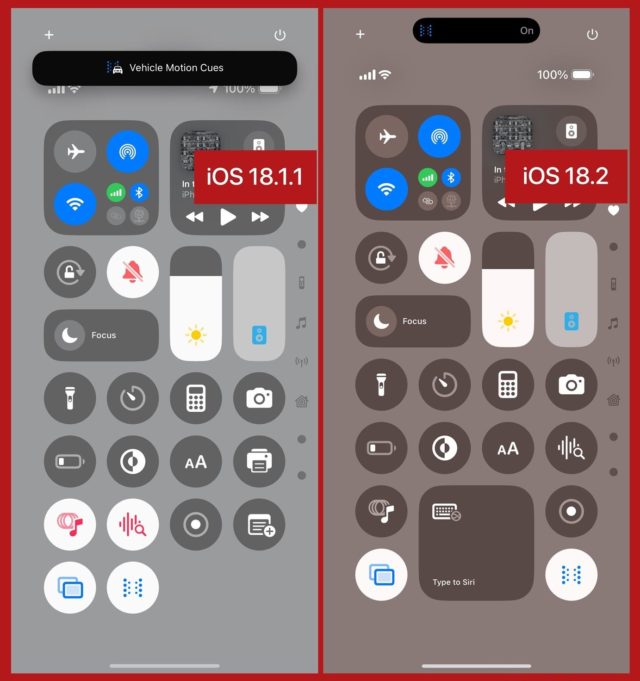 من iPhoneIslam.com، مقارنة جنبًا إلى جنب لتصميمات مركز التحكم في iOS: iOS 18.1.1 على اليسار وتحديث iOS 18.2 الجديد على اليمين، مما يعرض تغييرات بسيطة في واجهة المستخدم.