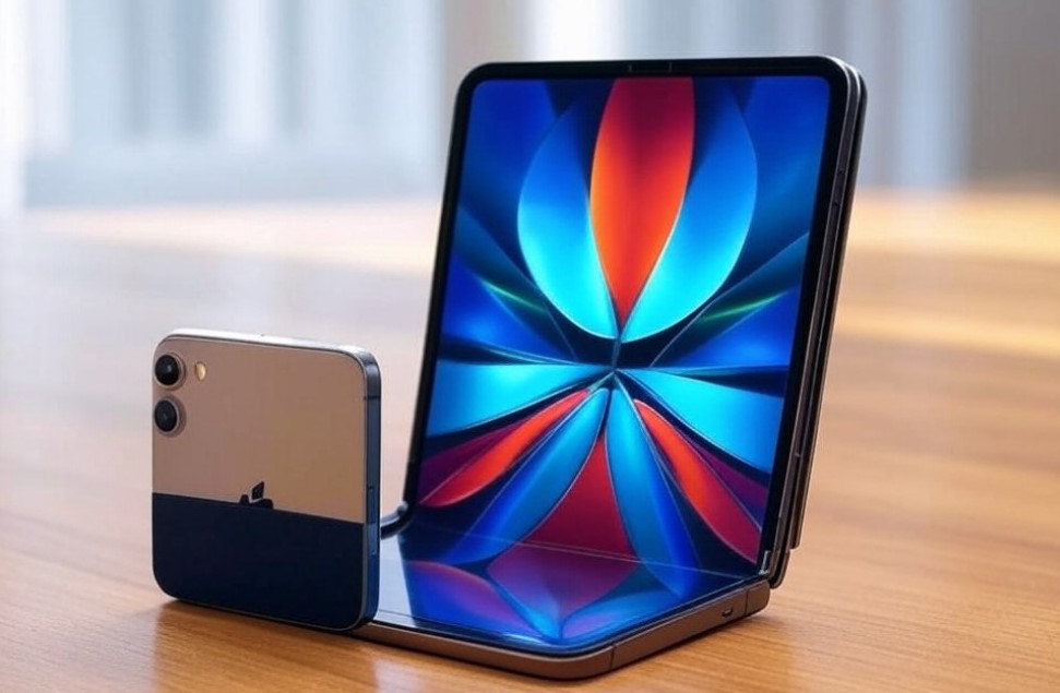 من iPhoneIslam.com، يوضع هاتف iPhone القابل للطي المزود بشاشة نابضة بالحياة بشكل أنيق بجوار هاتف ذكي أصغر حجمًا على طاولة خشبية، مما يُظهر التصميم المبتكر لشركة Apple.