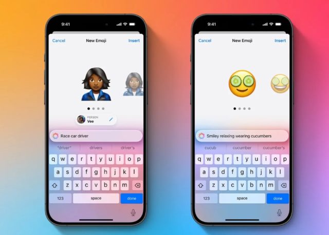 من iPhoneIslam.com، يعرض هاتفان ذكيان شاشة إنشاء رموز تعبيرية مخصصة مدعومة بتقنية Apple Intelligence، وتتضمن خيارات لسائق سيارة سباق ووجه مبتسم بعيون خيارية.
