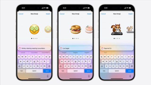 من iPhoneIslam.com، تتميز ثلاثة هواتف ذكية بإمكانيات Genmoji مع رموز تعبيرية مخصصة: وجه مبتسم يرتدي شرائح خيار، وكعكة خبز محملة بالإضافات، وسنجاب DJ. يتميز نظام التشغيل iOS 18.2 بعملية إنشاء الرموز التعبيرية مع خيارات إدخال النص وإدراجه للتخصيص السلس.