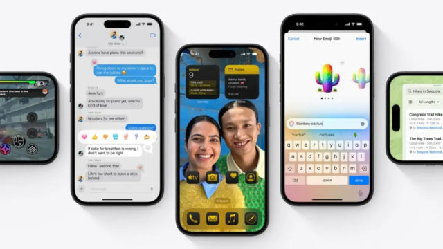 من iPhoneIslam.com، تعرض أربعة هواتف ذكية تعمل بأحدث نظام iOS 19 مجموعة من التطبيقات: الرسائل، والأدوات والتطبيقات، واختيار الرموز التعبيرية، ومتصفح الويب.