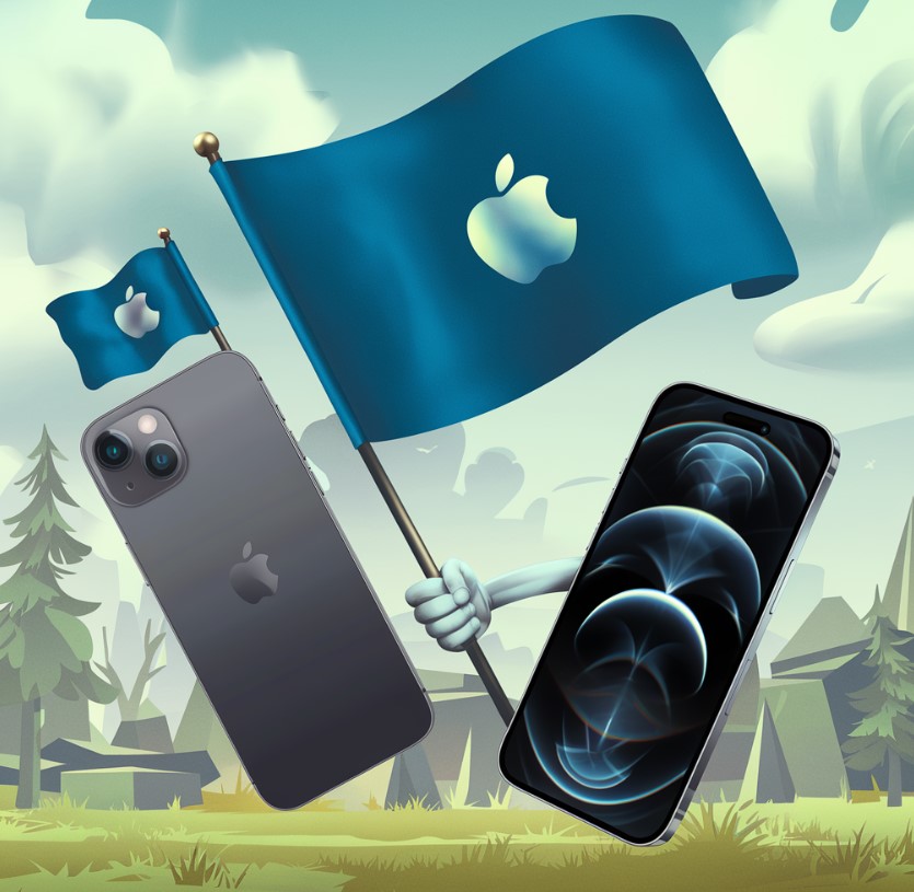 من iPhoneIslam.com، أيدي كرتونية تحمل أعلام شركة آبل الزرقاء، وتعرض هاتف آي-فون 17 إير الأنيق في المقدمة، على خلفية منظر طبيعي منمق مع الأشجار والسحب.