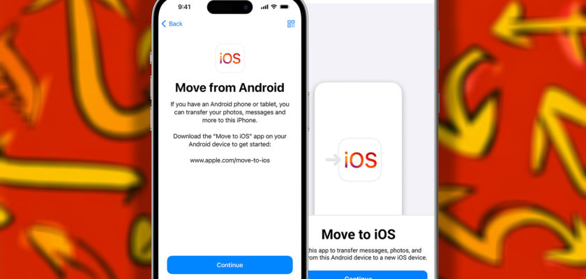 من iPhoneIslam.com، هاتفان ذكيان يعرضان تطبيق "Move to iOS"، الذي يرشد المستخدمين إلى كيفية نقل البيانات من Android إلى iPhone. الخلفية مزينة بأنماط تجريدية حمراء وصفراء مذهلة، توضح عملية الانتقال السلسة لأولئك الذين يتطلعون إلى الانتقال إلى iPhone دون أي متاعب.