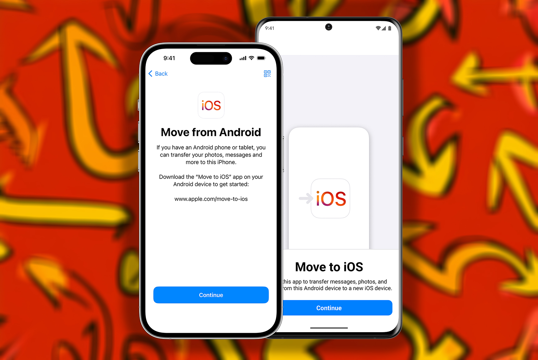 iPhoneIslam.com 的两款智能手机展示了“Move to iOS”应用程序，该应用程序指导用户如何将数据从 Android 传输到 iPhone。背景装饰着令人惊叹的红色和黄色抽象图案，为那些希望轻松迁移到 iPhone 的人展示了无缝过渡。