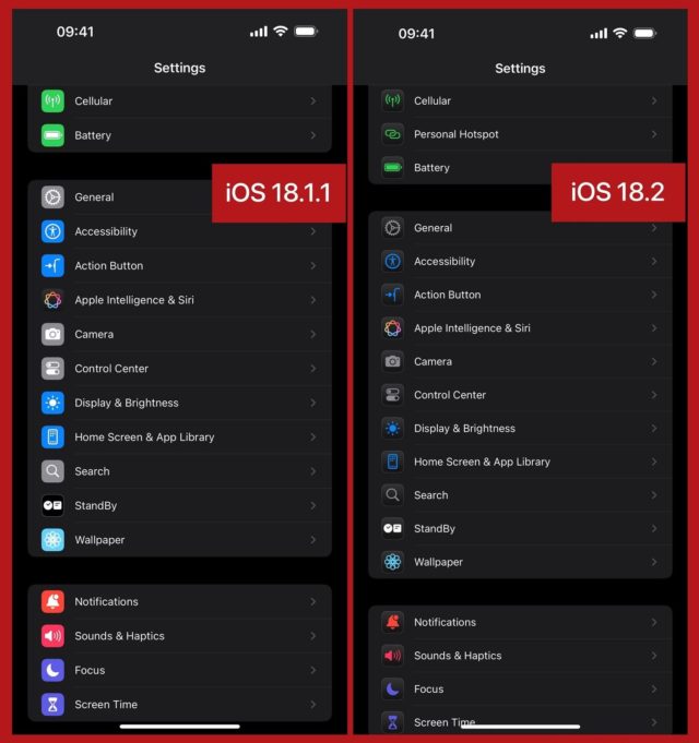 من iPhoneIslam.com، مقارنة جنبًا إلى جنب بين iOS 18.1.1 والتحديث الجديد iOS 18.2، وقوائم الإعدادات، مع تسليط الضوء على الاختلافات في الخيارات مثل نقطة الاتصال الشخصية ومواضع مركز التحكم.