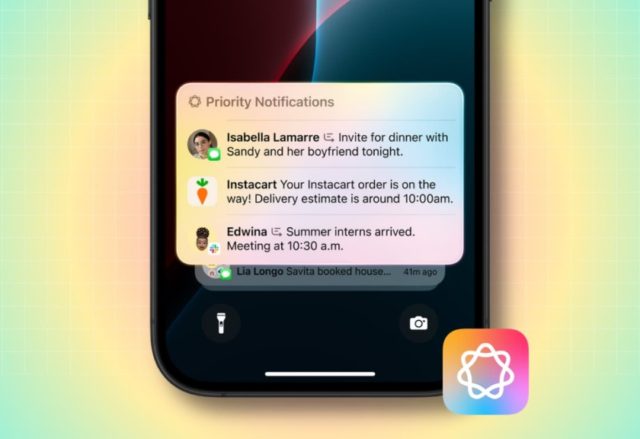 من iPhoneIslam.com، تعرض شاشة الهاتف الذكي، التي تعمل بتقنية Apple Intelligence، إشعارات ذات أولوية: دعوة عشاء، وتحديث تسليم، وتذكير باجتماع.