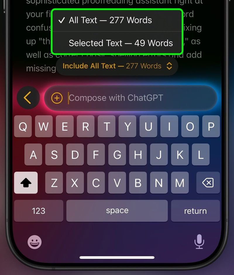 من iPhoneIslam.com، تعرض شاشة الهاتف الذكي الذي يعمل بنظام التشغيل iOS 18.2 واجهة اختيار نص إلى جانب لوحة مفاتيح على الشاشة. يتكون النص المحدد من 49 كلمة من إجمالي 277 كلمة. تتضمن الخيارات "تضمين كل النص" و"الإنشاء باستخدام ChatGPT" السلس، مما يسلط الضوء على أحدث ميزات تكامل ChatGPT.