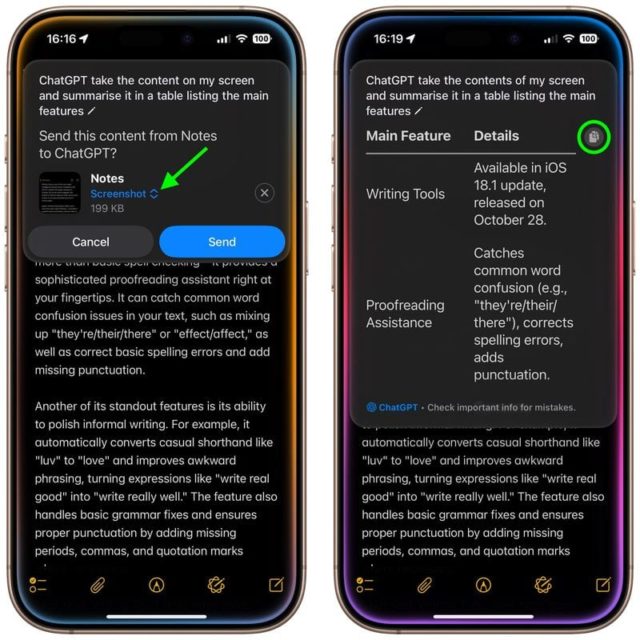 من iPhoneIslam.com، لقطة شاشة لجهاز iPhone لتطبيق دردشة تسلط الضوء على ميزات تحديث iOS 18.2. يعرض اليسار خيارًا لمشاركة محتوى Notes؛ ويعرض اليمين تحسينات مثل أدوات الكتابة واستخدام Messenger والتكامل مع ChatGPT للمساعدة في التدقيق اللغوي بسلاسة.