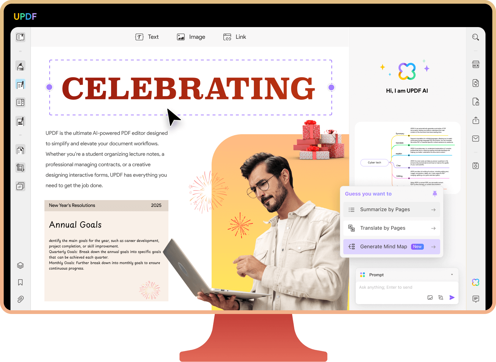من iPhoneIslam.com، في مساحة عمل نابضة بالحياة ذات طابع تقني، يستخدم رجل كمبيوتر محمولًا يظهر على الشاشة كلمة "CELEBRATING". تم تحسين المشهد بواسطة برنامج UPDF لتحرير ملفات PDF بسلاسة، مما يوفق بين الإبداع والإنتاجية في هذا الإطار الديناميكي.