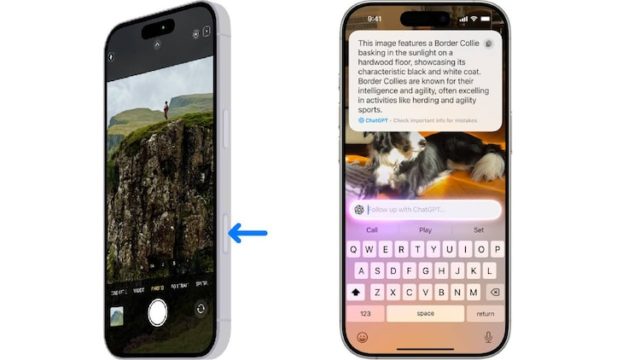 من iPhoneIslam.com، هاتفان ذكيان يعرضان صورًا متنوعة: أحدهما يعمل بنظام التشغيل iOS 18.2، ويعرض صورة لمنظر طبيعي مع شخص على منحدر، بينما يكشف الآخر عن صورة Border Collie مصحوبة بنص وصفي، يسلط الضوء على قدرات الذكاء البصري المتقدمة.