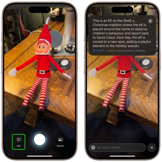 من iPhoneIslam.com، توجد لعبة Elf on the Shelf على مكتب بين هاتفين ذكيين تعرض وصفها، وتعرض ميزة ChatGPT المتكاملة لتحسين التفاعل.