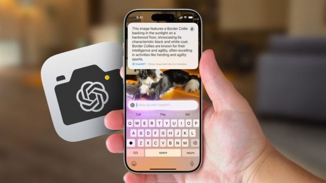 من iPhoneIslam.com، يعرض الهاتف الذكي محادثة حول كلب من فصيلة Border Collie، ويتكامل بسلاسة مع ChatGPT لتحسين التفاعل. وبجوار شاشة الهاتف، يشير شعار الذكاء الاصطناعي إلى التكنولوجيا المتطورة.