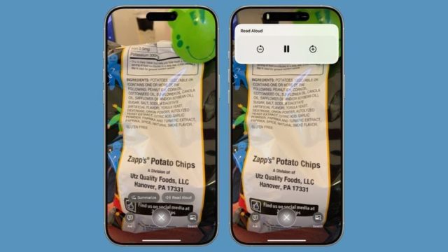 من iPhoneIslam.com، يعرض هاتفان ذكيان يعملان بنظام التشغيل iOS 18.2 ومزودان بالذكاء البصري صورة كيس رقائق البطاطس Zapp's، مع تفعيل ميزة قراءة النص بصوت عالٍ.