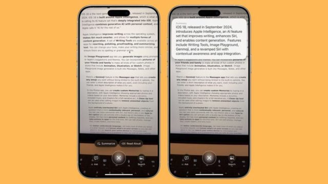 من iPhoneIslam.com، يعرض هاتفان ذكيان نصًا على شاشتيهما، مما يسلط الضوء على ميزات نظام التشغيل iOS 18.2، بما في ذلك أدوات Apple Intelligence والذكاء البصري المرئية. تم وضع الأجهزة الأنيقة على خلفية برتقالية نابضة بالحياة، مما يعزز جاذبيتها الحديثة.
