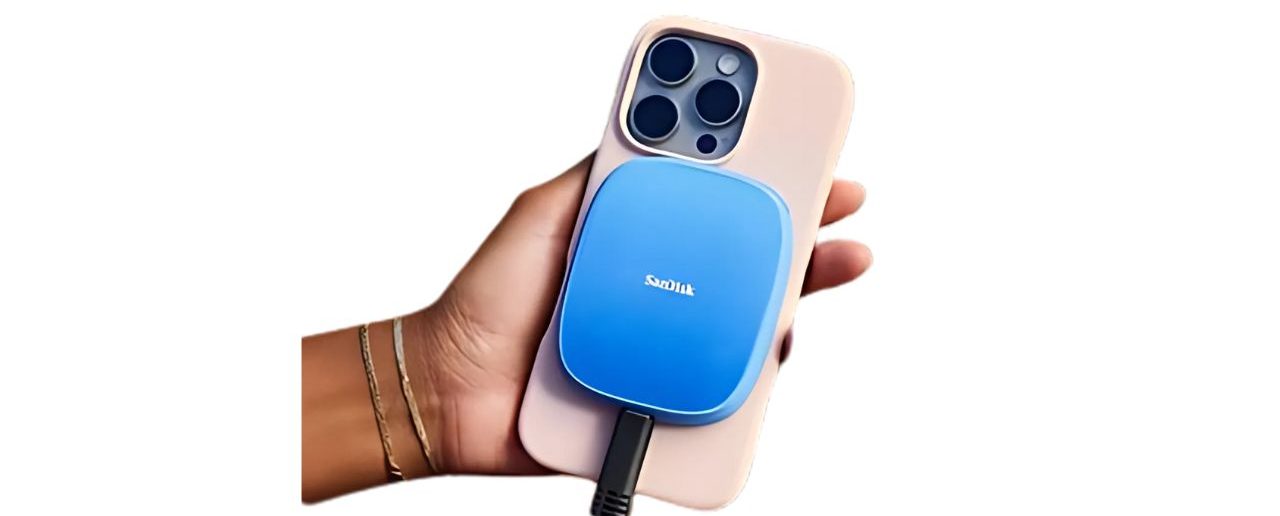 من iPhoneIslam.com، تحمل يد هاتفًا ذكيًا مزودًا بشاحن لاسلكي من SanDisk باللون الأزرق مثبتًا في الجزء الخلفي، وهو جاهز لإبقائك مشحونًا بينما تظل مطلعًا على أحدث الأخبار.