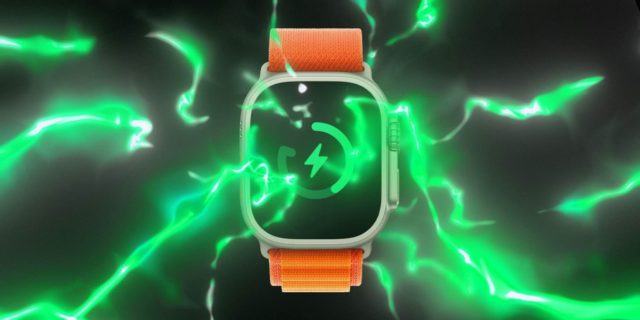 من iPhoneIslam.com، تعرض ساعة Apple Watch الجديدة ذات الحزام البرتقالي رمز شحن متوهج باللون الأخضر، محاط بتأثيرات الضوء الأخضر الكهربائي، مما يعرض إمكانيات شحن ساعة Apple سريع.