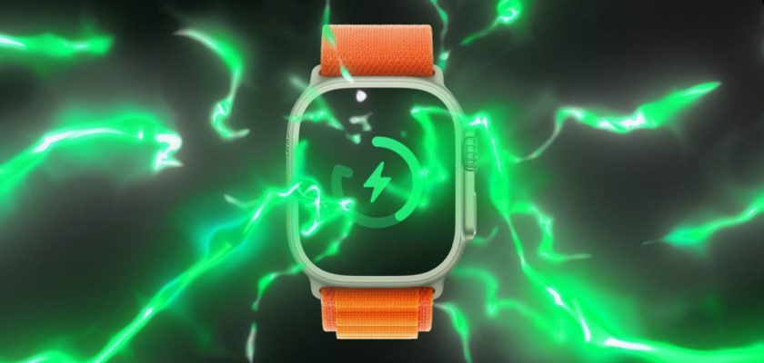 من iPhoneIslam.com، تعرض ساعة Apple Watch الجديدة ذات الحزام البرتقالي رمز شحن متوهج باللون الأخضر، محاط بتأثيرات الضوء الأخضر الكهربائي، مما يعرض إمكانيات شحن ساعة Apple سريع.