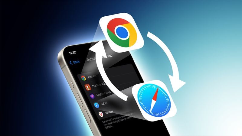 من iPhoneIslam.com، تعرض شاشة الهاتف الذكي قائمة تطبيقات تحتوي على أيقونات Chrome وSafari، ويرتبط بها أسهم تشير إلى التبديل بين المتصفحات. يوضح هذا كيفية تغيير التطبيقات، مما يسمح للمستخدمين بالتنقل بسهولة بين تطبيقات iPhone الافتراضية للحصول على تجربة مخصصة.