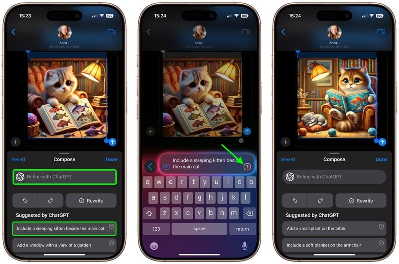 من iPhoneIslam.com، تعرض ثلاث شاشات للهواتف الذكية، بما في ذلك أحدث إصدار من الآي-فون، شاشة تطبيق تحتوي على صورة قطة ساحرة وخيارات لتحسين النص باستخدام اقتراحات الذكاء الاصطناعي.