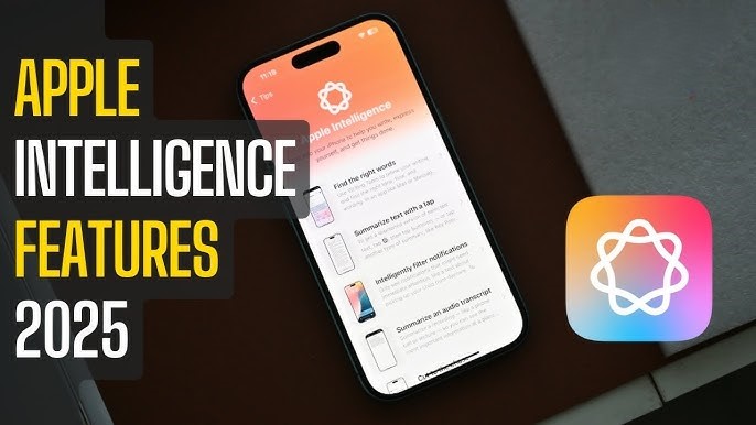 من iPhoneIslam.com، يعرض الهاتف الذكي ميزات Apple الذكية المتقدمة مع أيقونة تطبيق نابضة بالحياة بجانبه، مع تسليط الضوء على "ميزات أبل الذكاء الاصطناعي 2025.