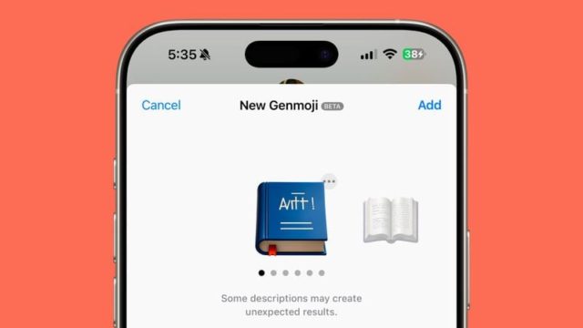 من iPhoneIslam.com، تعرض شاشة الهاتف الذكي واجهة تطبيق Genmoji على نظام التشغيل iOS 18.2، مما يسمح للمستخدمين بإنشاء "Gemoji جديد" مع خيارات مثل الكتاب الأزرق والكتاب المفتوح.