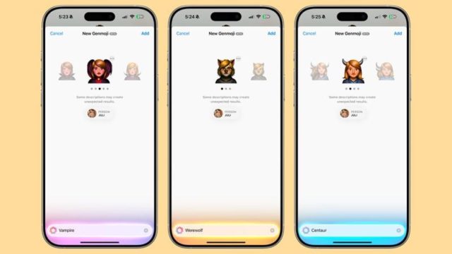 من iPhoneIslam.com، تعرض شاشات الهواتف الذكية الثلاثة خيارات لإنشاء Memojis جديدة، والتي تحمل الآن علامة Genmoji في نظام التشغيل iOS 18.2، حيث تعرض شخصيات بعنوان "Vampire" و"Werewolf" و"Centaur"، وكل منها مع ميزات قابلة للتخصيص لإنشاء صور رمزية مخصصة.