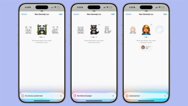 من iPhoneIslam.com، تعرض ثلاثة هواتف ذكية ميزة Genmoji على شاشات إنشاء الرموز التعبيرية الخاصة بها، حيث يتميز كل منها بمجموعات فريدة مثل "دب باندا قلق"، و"غرير حائر"، و"شخص منزعج". استمتع بالتصميمات المبتكرة مع أحدث تحديث لنظام التشغيل iOS 18.2.