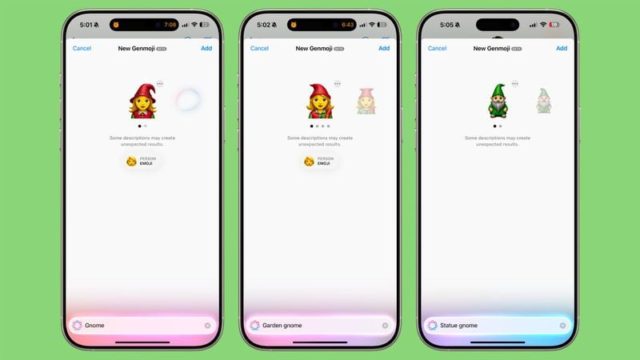 من iPhoneIslam.com، على ثلاثة هواتف ذكية، يمكن للمستخدمين تخصيص رمز تعبيري لقزم بأسماء مثل "قزم الحديقة" و"قزم التمثال" على خلفية خضراء. هذه الميزة هي جزء من ميزة Genmoji الجديدة المتوفرة في iOS 18.2، والتي تجلب التخصيص الرائع للمحادثات الرقمية.