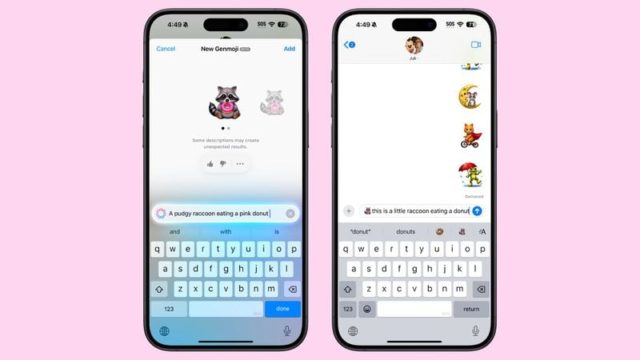 من iPhoneIslam.com، يعرض هاتفان ذكيان تطبيق إنشاء الرموز التعبيرية المثير للاهتمام Genmoji. على اليسار، يحتل حيوان الراكون مركز الصدارة مع رمز تعبيري على شكل دونات وردي. تعرض الشاشة اليمنى رسالة نصية لنظام التشغيل iOS 18.2، تعرض نفس رمز تعبير الراكون المرح، في انتظار إرساله بفارغ الصبر.