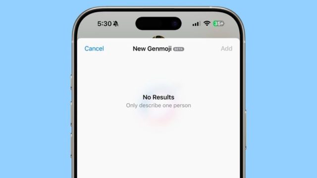 من iPhoneIslam.com، تعرض شاشة الهاتف الذكي عبارة "New Genmoji (Beta)" مع "لا توجد نتائج" ورسالة: "وصف شخص واحد فقط". تكمل الخلفية الزرقاء النابضة بالحياة الواجهة الأنيقة لنظام التشغيل iOS 18.2، مما يجعل عملية إنشاء Genmoji جذابة بصريًا.