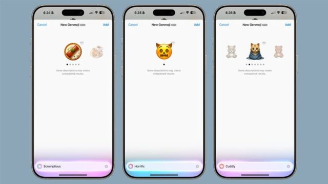 من iPhoneIslam.com، تعرض ثلاث شاشات للهواتف الذكية مجموعات مختلفة من الرموز التعبيرية بأسماء تم إنشاؤها بواسطة الذكاء الاصطناعي: "Scumptious" و"Horrific" و"Cuddy"، وكل منها بأزواج فريدة من الرموز التعبيرية فوق النص. تقدم ميزة Genmoji الجديدة هذه، المتوفرة في نظام التشغيل iOS 18.2، مزيجًا مثيرًا من التكنولوجيا والإبداع.