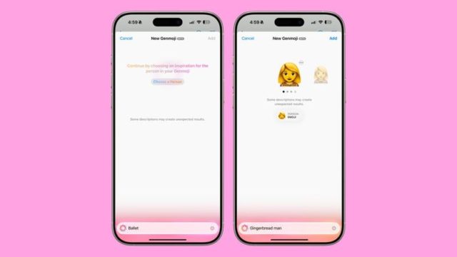 من iPhoneIslam.com، يعرض هاتفان ذكيان شاشة إنشاء Genmoji. يحثك الهاتف الأيسر على الإلهام، بينما يعرض الهاتف الأيمن رمزًا تعبيريًا لامرأة شقراء، وكل ذلك على خلفية وردية. جرّب هذه الميزة حصريًا على نظام التشغيل iOS 18.2، حيث تلتقي التخصيصات بالابتكار.