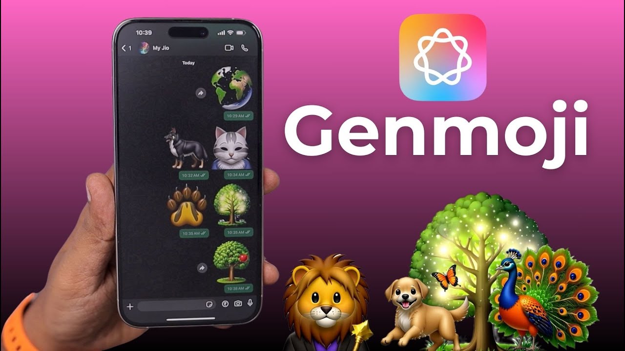 من iPhoneIslam.com، يعرض أحد الهواتف الذكية تطبيق مراسلة يحمل طابع الرموز التعبيرية، مع أيقونات حيوانات وطبيعة. يتألق شعار "Genmoji" بشكل بارز، محاطًا برموز تعبيرية حيوانية مختلفة، وكلها مدمجة بسلاسة مع أحدث إصدار من نظام التشغيل iOS 18.2 لتحسين تجربة المستخدم.