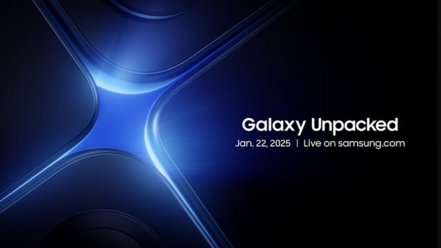 من iPhoneIslam.com، تصميم تجريدي باللون الأزرق مع النص "Galaxy Unpacked، 22 يناير 2025 | مباشر على samsung.com"، يقدم أحدث الابتكارات التي تنافس حتى آي-فون 17.