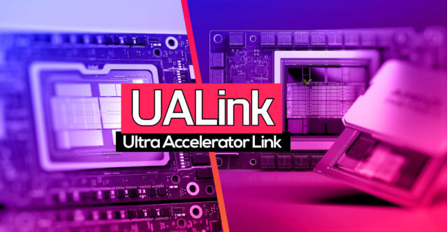 من iPhoneIslam.com، لقطة مقربة لشرائح الكمبيوتر ولوحات الدوائر مع نص "UALink Ultra Accelerator Link" في المنتصف، مما يجسد جوهر أحدث أخبار التكنولوجيا.