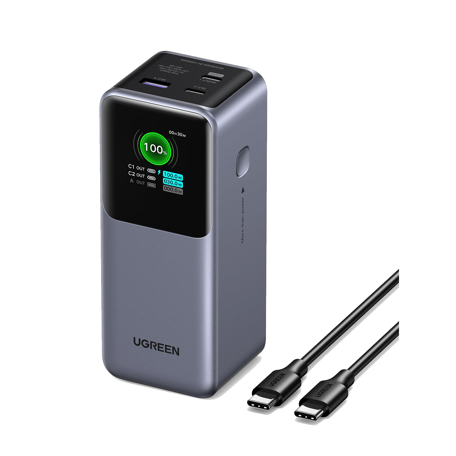 من iPhoneIslam.com، بنك طاقة محمول صغير الحجم باللون الرمادي من UGREEN مزود بشاشة LED تعرض حالة الشحن ومنفذين USB-C، مثالي لأجهزة Apple. يوجد كابلان USB-C بجانبه.