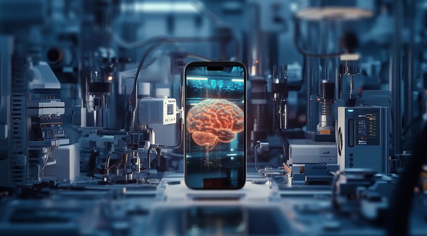 من iPhoneIslam.com، يعرض هاتف ذكي، ربما آي فون، صورة ثلاثية الأبعاد للدماغ متوهجة في مختبر مستقبلي، محاط بآلات متطورة تعرض التقدم في مجال الذكاء الاصطناعي.