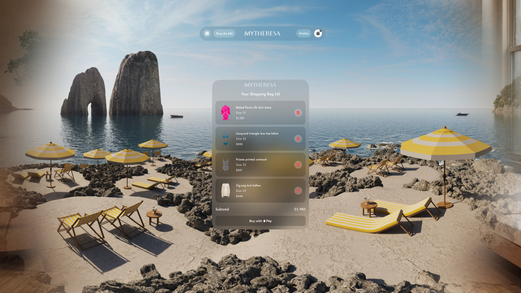 من iPhoneIslam.com، تظهر واجهة عربة التسوق التي تعرض عناصر بقيمة إجمالية تبلغ 1,240.68 دولارًا أمريكيًا على صورة شاطئ صخري مع مظلات صفراء وكراسي استرخاء بجانب المياه الهادئة، كما لو تم عرضها من خلال نظارات الواقع المعزز لتجربة تسوق محسنة.