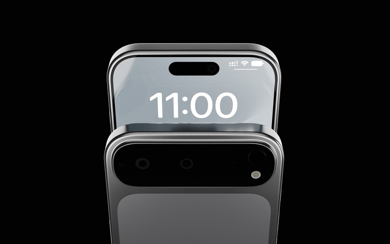 من iPhoneIslam.com، يعرض هاتف آي فون 17 شاشة أنيقة تعرض الساعة 11:00 مع تصميم الكاميرا المزدوجة أعلاه، على خلفية سوداء مذهلة.