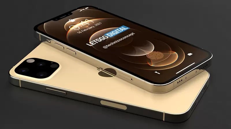 من iPhoneIslam.com، هاتفان ذكيان من نوع آي-فون ذهبيان بكاميرات ثلاثية العدسات، مصفوفان على سطح داكن. تعرض شاشة الهاتف العلوي شعار "LETSGO DIGITAL" وتصميمًا مستقبليًا.