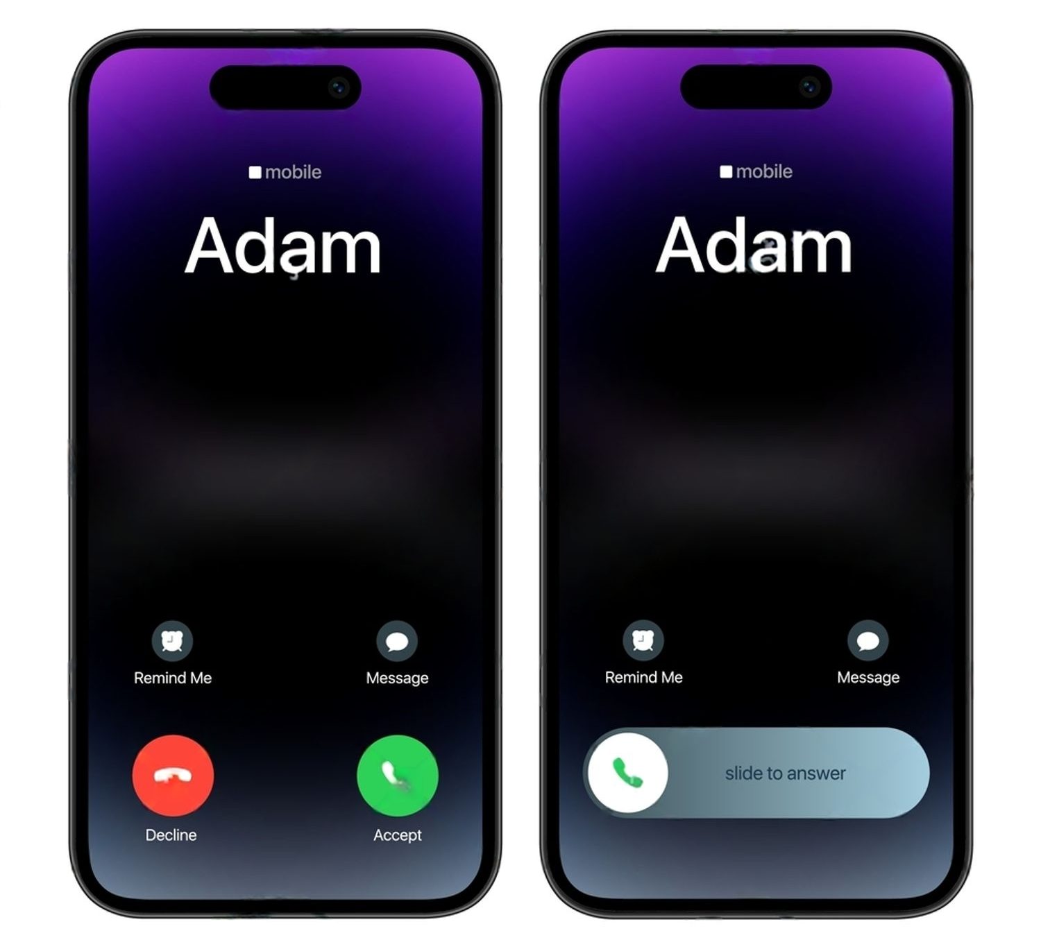 من iPhoneIslam.com، يعرض هاتفان ذكيان المكالمات الواردة من جهات الاتصال المسماة Adam. يوفر الهاتف الأيسر زري "رفض" و"قبول" للرفض أو القبول بسهولة، بينما يعرض الهاتف الأيمن خيار "الشريحة للرد" التقليدي، الذي يذكرنا بمكالمات الآيفون الكلاسيكية.