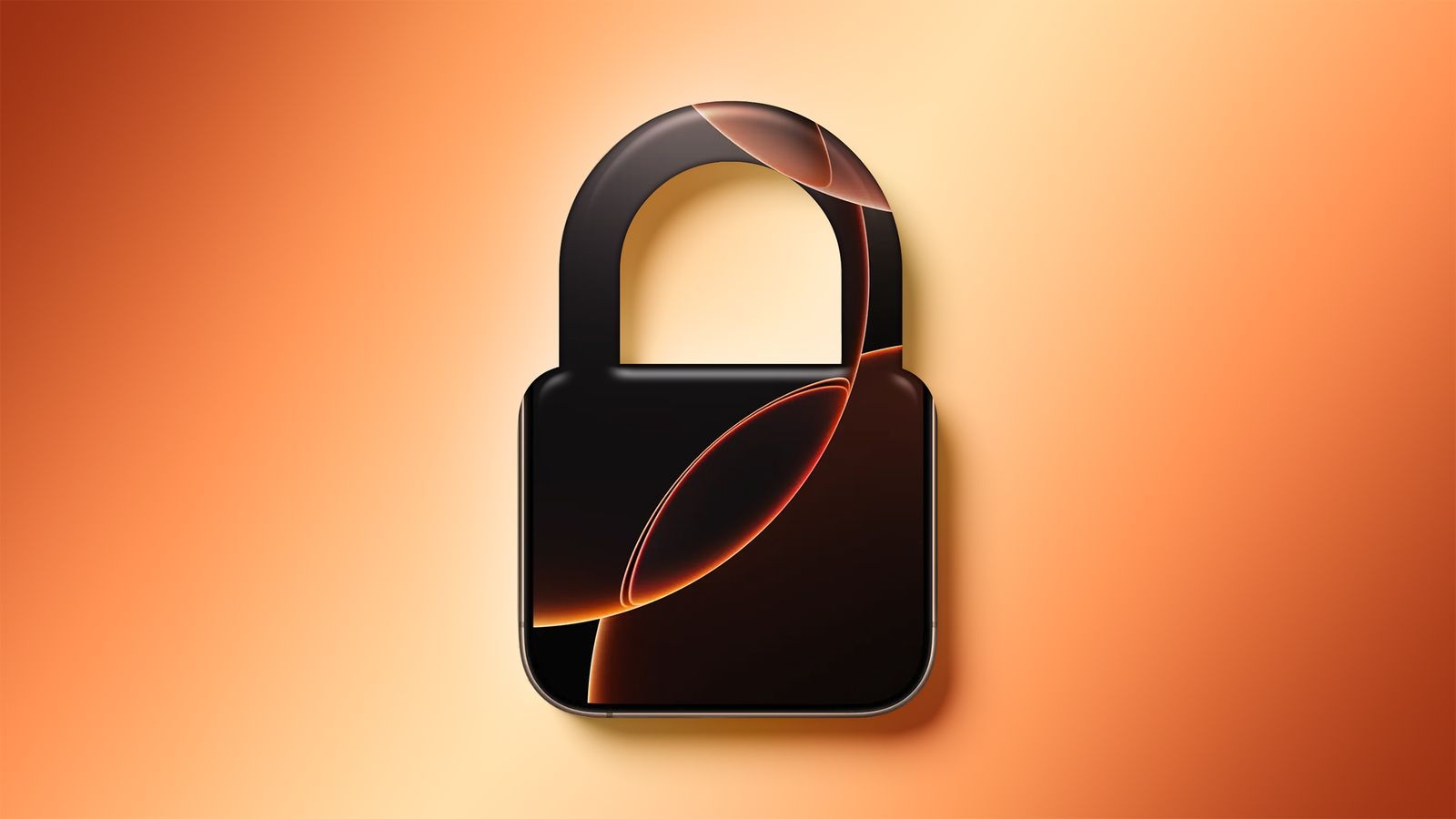 Pochodząca z serwisu iPhoneIslam.com cyfrowa ilustracja czarnej kłódki z abstrakcyjnymi pomarańczowymi refleksami światła na pomarańczowym tle gradientowym, symbolizująca aktywację i wyświetlanie funkcji bezpieczeństwa iPhone'a.