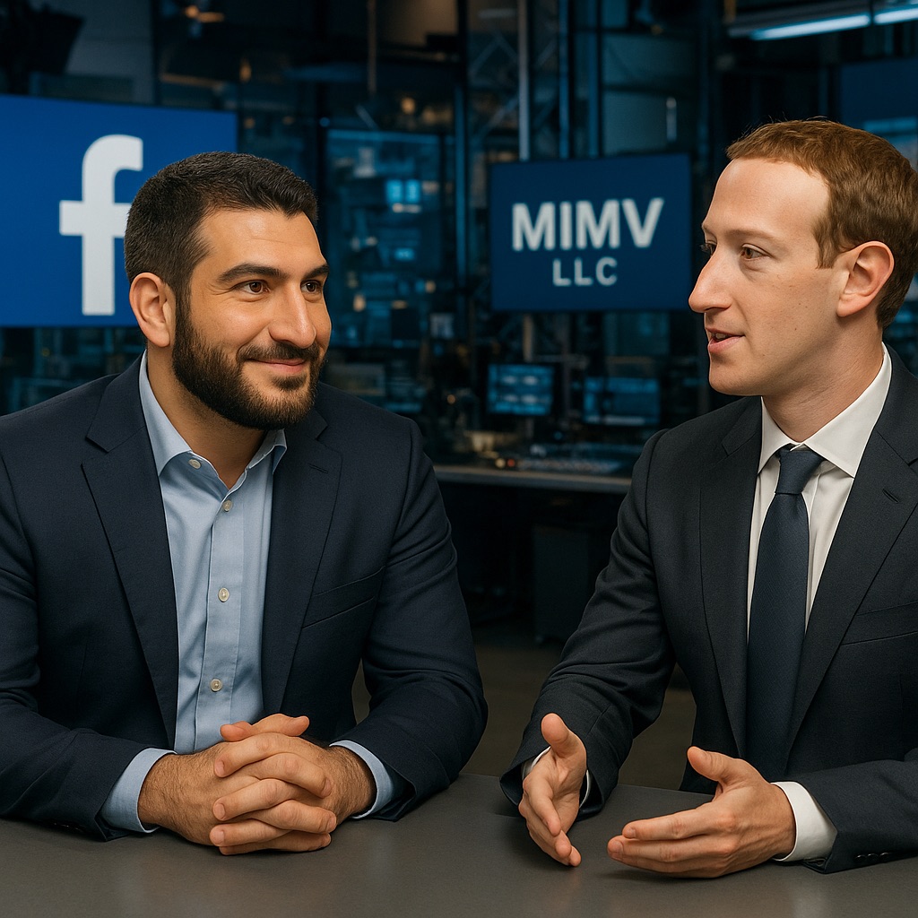 من iPhoneIslam.com، يجلس رجلان يرتديان بدلات عمل على طاولة في مكتب مع شعارات Facebook وMIMV LLC - وملصق يعرض هاتف iPhone 17 الجديد - معروض في الخلفية.