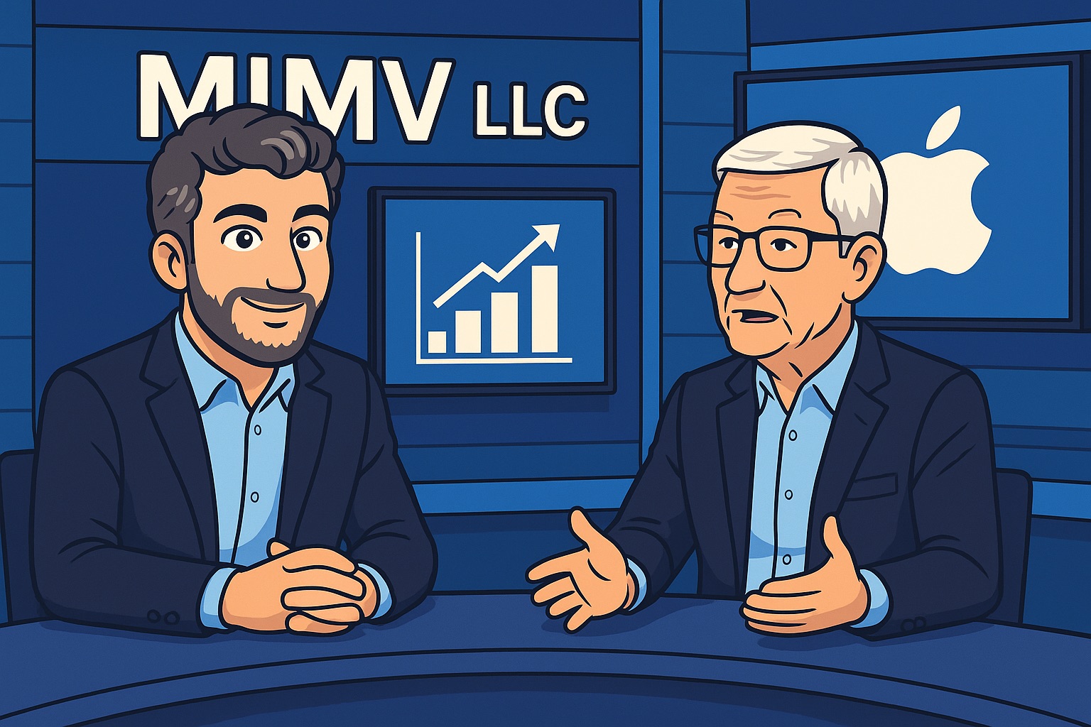 Na stronie iPhoneIslam.com widać dwóch mężczyzn w garniturach siedzących przy stole w biurze, na którym na wykresie rośnie nazwa „MIMV LLC”, a na ekranach za nimi wyświetlane jest logo Apple. Rozmawiają o strategiach biznesowych i taryfach.