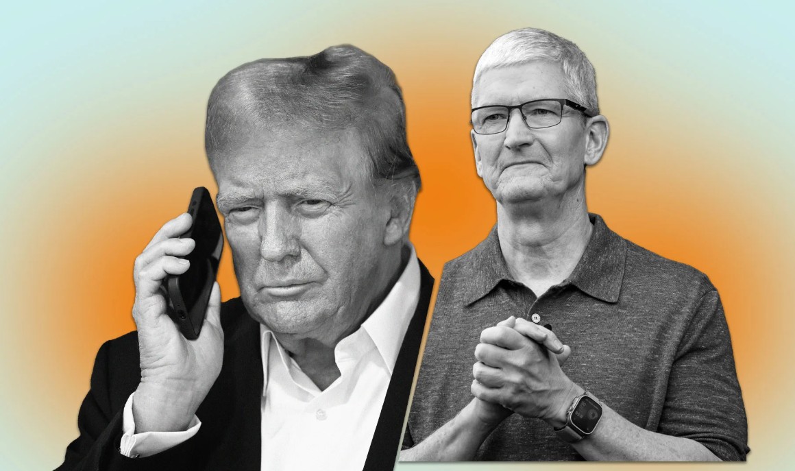 Na zdjęciu ze strony iPhoneIslam.com widać dwóch mężczyzn: jeden trzyma telefon przy uchu i rozmawia o wpływie infografik, podczas gdy drugi stoi ze złożonymi rękami. Tło ma gradient niebiesko-pomarańczowy.