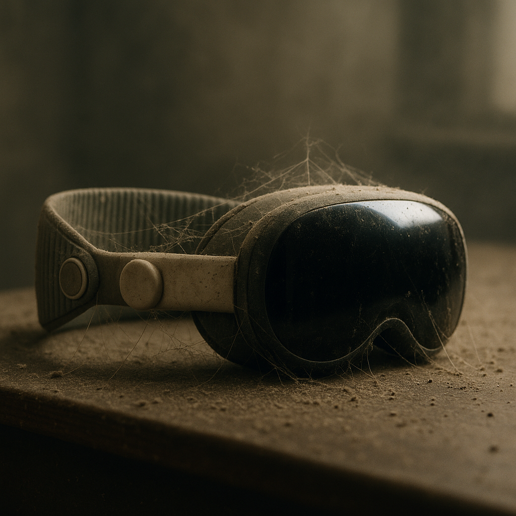 من iPhoneIslam.com، زوج من النظارات السوداء والبيضاء المغبرة، التي تذكرنا بنظارة آبل فيجن برو، مغطاة بأنسجة العنكبوت، تقع على سطح متسخ في غرفة ذات إضاءة خافتة.